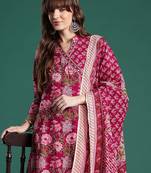 Floral Printed Angrakha Pure Cotton Kurta with Trousers & With Dupatta