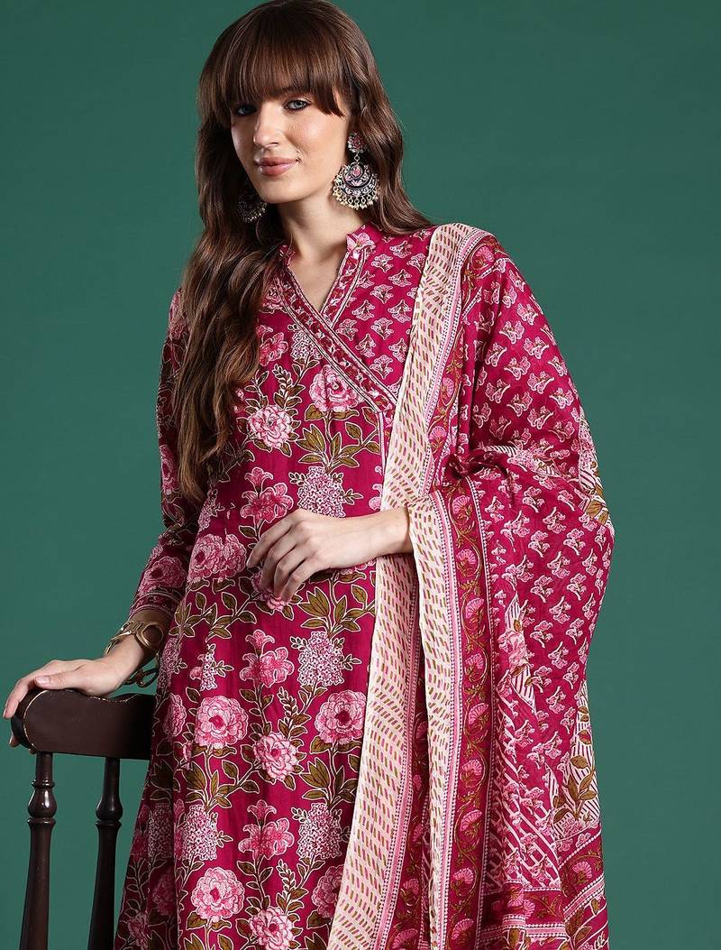 Floral Printed Angrakha Pure Cotton Kurta with Trousers & With Dupatta