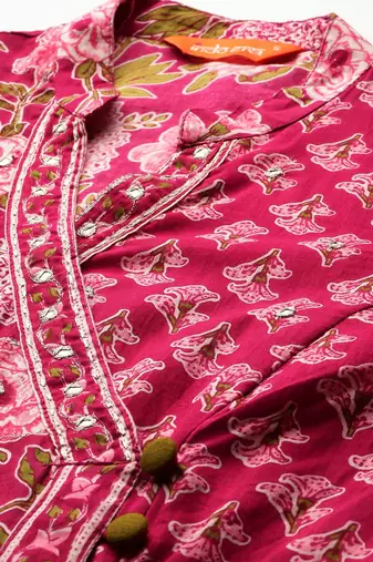 Floral Printed Angrakha Pure Cotton Kurta with Trousers & With Dupatta