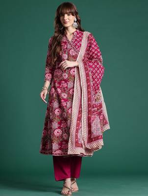 Floral Printed Angrakha Pure Cotton Kurta with Trousers & With Dupatta 5