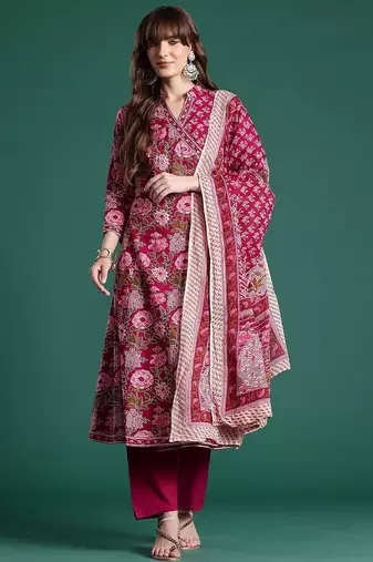 Floral Printed Angrakha Pure Cotton Kurta with Trousers & With Dupatta