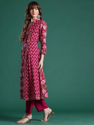 Floral Printed Angrakha Pure Cotton Kurta with Trousers & With Dupatta 6