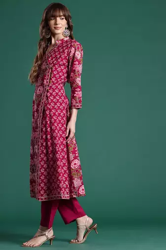 Floral Printed Angrakha Pure Cotton Kurta with Trousers & With Dupatta