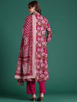 Floral Printed Angrakha Pure Cotton Kurta with Trousers & With Dupatta 7