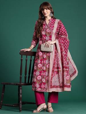 Floral Printed Angrakha Pure Cotton Kurta with Trousers & With Dupatta 8