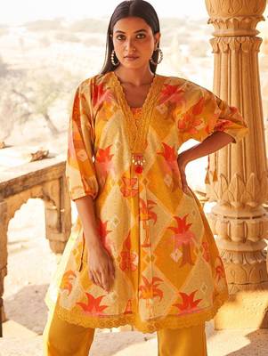 Floral Self Design Beads And Stones V-Neck A-Line Pure Cotton Kurta With Trousers 1