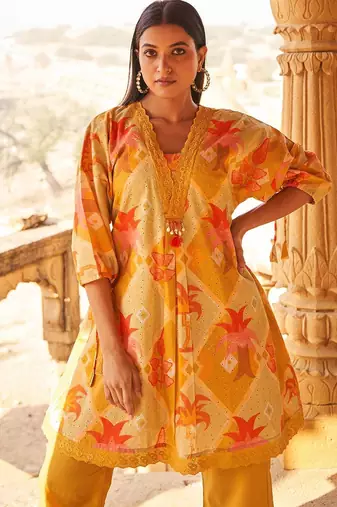 Floral Self Design Beads And Stones V-Neck A-Line Pure Cotton Kurta With Trousers