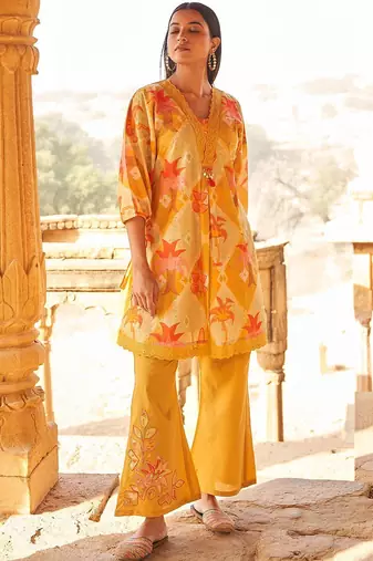 Floral Self Design Beads And Stones V-Neck A-Line Pure Cotton Kurta With Trousers