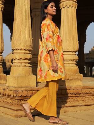 Floral Self Design Beads And Stones V-Neck A-Line Pure Cotton Kurta With Trousers 3