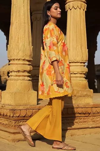 Floral Self Design Beads And Stones V-Neck A-Line Pure Cotton Kurta With Trousers