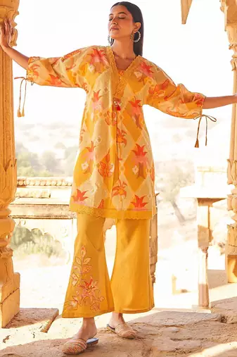 Floral Self Design Beads And Stones V-Neck A-Line Pure Cotton Kurta With Trousers