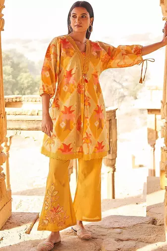 Floral Self Design Beads And Stones V-Neck A-Line Pure Cotton Kurta With Trousers