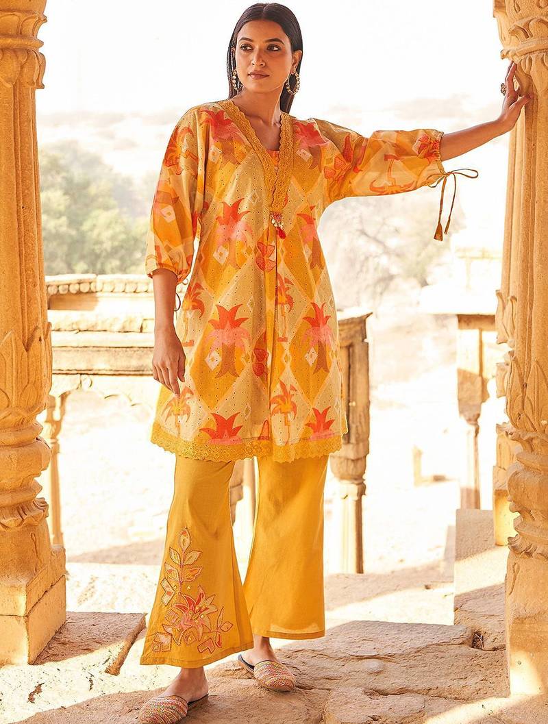 Floral Self Design Beads And Stones V-Neck A-Line Pure Cotton Kurta With Trousers