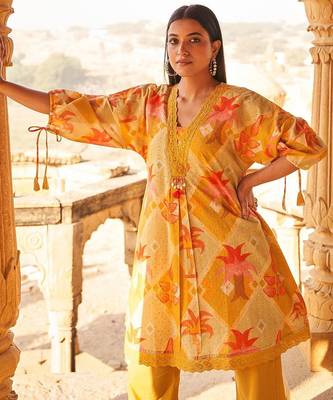 Floral Self Design Beads And Stones V-Neck A-Line Pure Cotton Kurta With Trousers 6