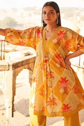 Floral Self Design Beads And Stones V-Neck A-Line Pure Cotton Kurta With Trousers
