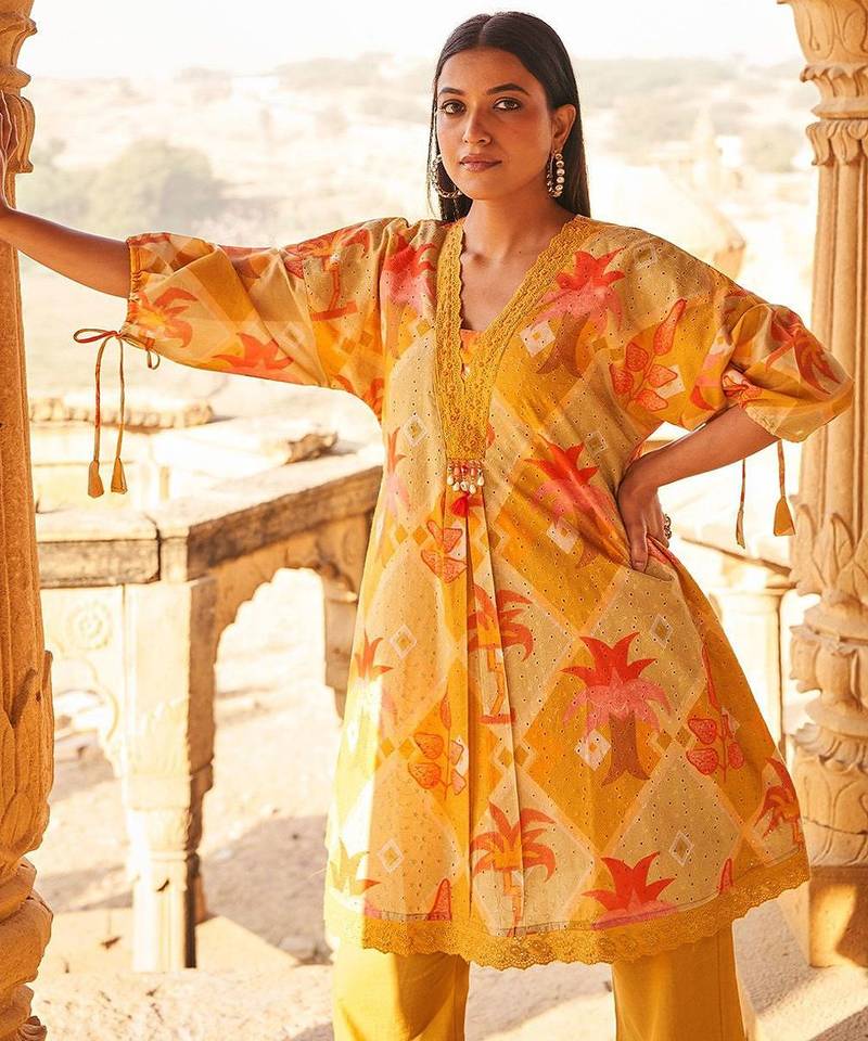 Floral Self Design Beads And Stones V-Neck A-Line Pure Cotton Kurta With Trousers