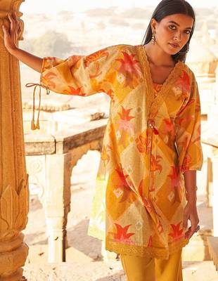 Floral Self Design Beads And Stones V-Neck A-Line Pure Cotton Kurta With Trousers 7