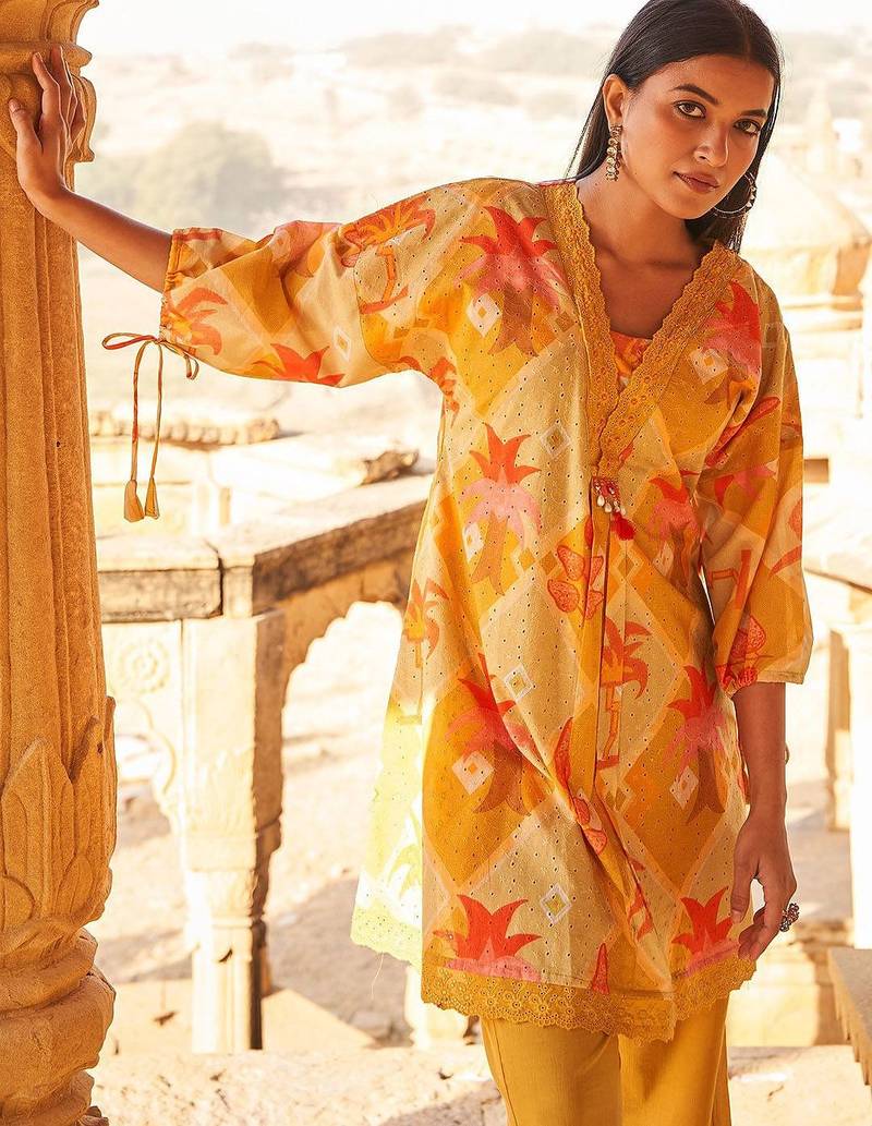 Floral Self Design Beads And Stones V-Neck A-Line Pure Cotton Kurta With Trousers