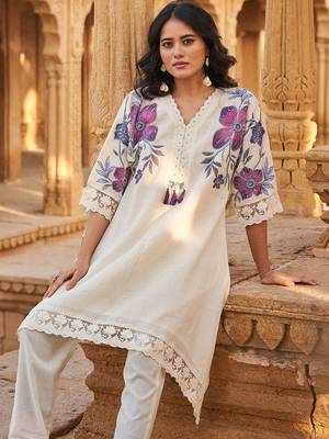 Floral Printed Beads And Stones V-Neck A-Line Pure Cotton Kurta With Trousers 1