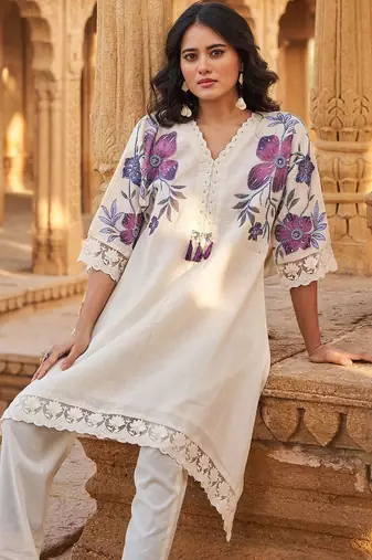 Floral Printed Beads And Stones V-Neck A-Line Pure Cotton Kurta With Trousers