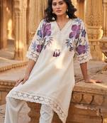 Floral Printed Beads And Stones V-Neck A-Line Pure Cotton Kurta With Trousers