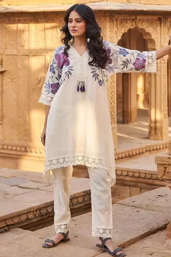 Floral Printed Beads And Stones V-Neck A-Line Pure Cotton Kurta With Trousers