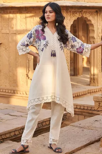 Floral Printed Beads And Stones V-Neck A-Line Pure Cotton Kurta With Trousers