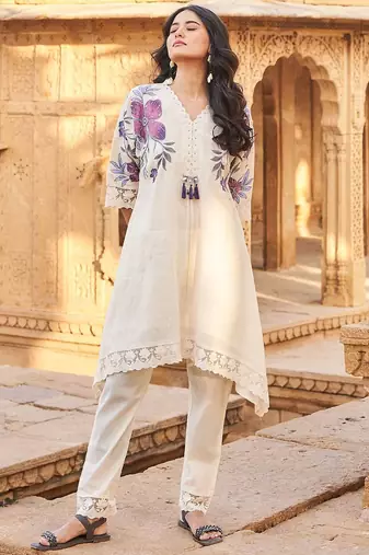 Floral Printed Beads And Stones V-Neck A-Line Pure Cotton Kurta With Trousers