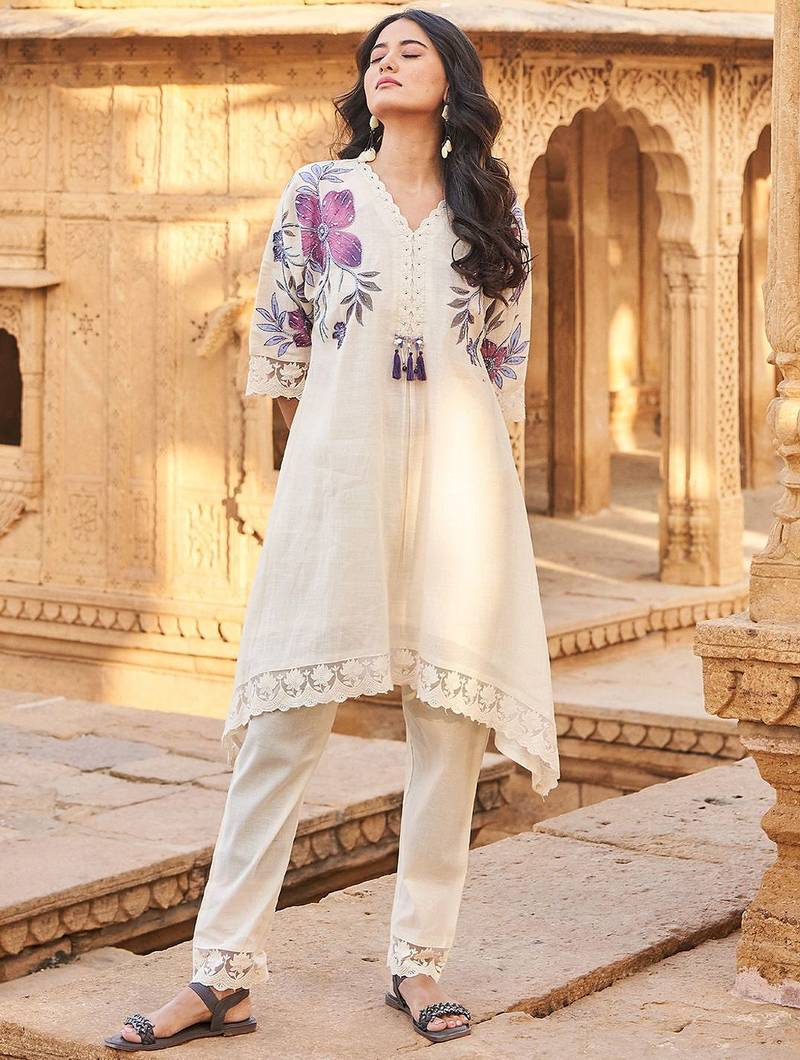 Floral Printed Beads And Stones V-Neck A-Line Pure Cotton Kurta With Trousers