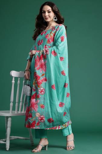 Floral Printed Pure Cotton Kurta with Trousers & Dupatta