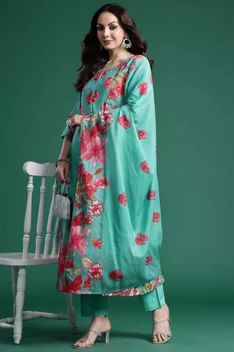 Floral Printed Pure Cotton Kurta with Trousers & Dupatta