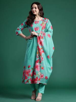 Floral Printed Pure Cotton Kurta with Trousers & Dupatta 5