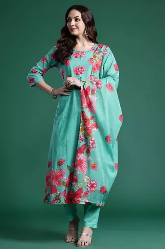 Floral Printed Pure Cotton Kurta with Trousers & Dupatta
