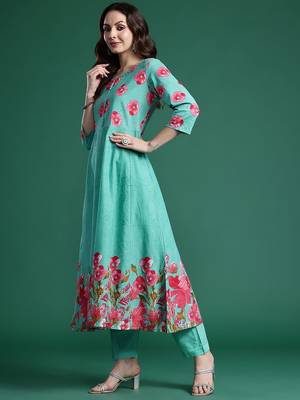 Floral Printed Pure Cotton Kurta with Trousers & Dupatta 6