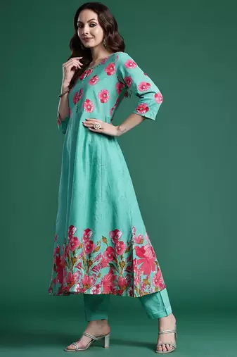 Floral Printed Pure Cotton Kurta with Trousers & Dupatta