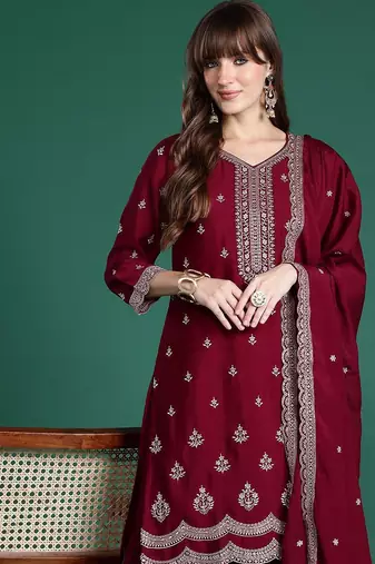 Ethnic Motifs Embroidered Kurta with Sharara & Dupatta