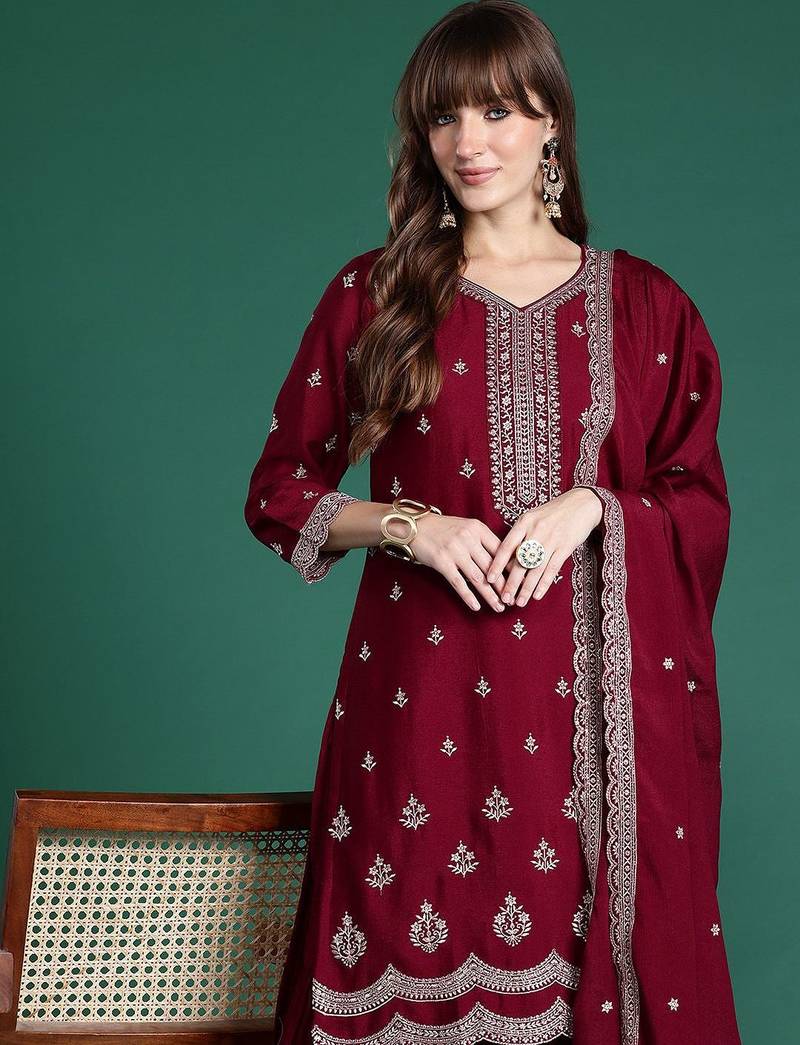 Ethnic Motifs Embroidered Kurta with Sharara & Dupatta