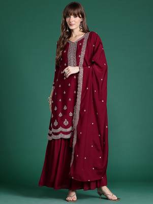 Ethnic Motifs Embroidered Kurta with Sharara & Dupatta 5