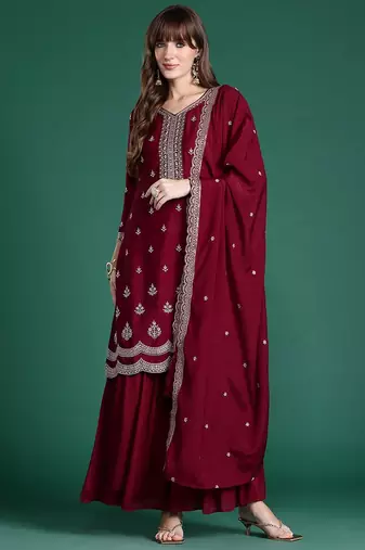 Ethnic Motifs Embroidered Kurta with Sharara & Dupatta