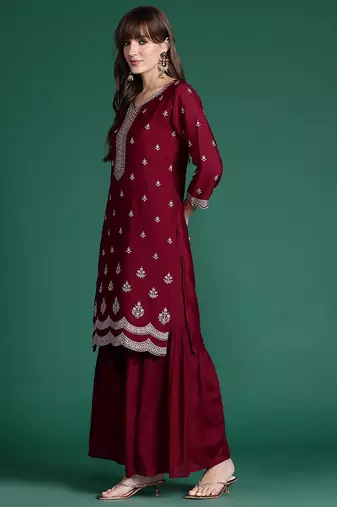 Ethnic Motifs Embroidered Kurta with Sharara & Dupatta