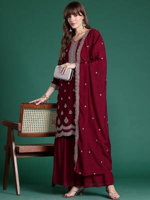 Ethnic Motifs Embroidered Kurta with Sharara & Dupatta 8