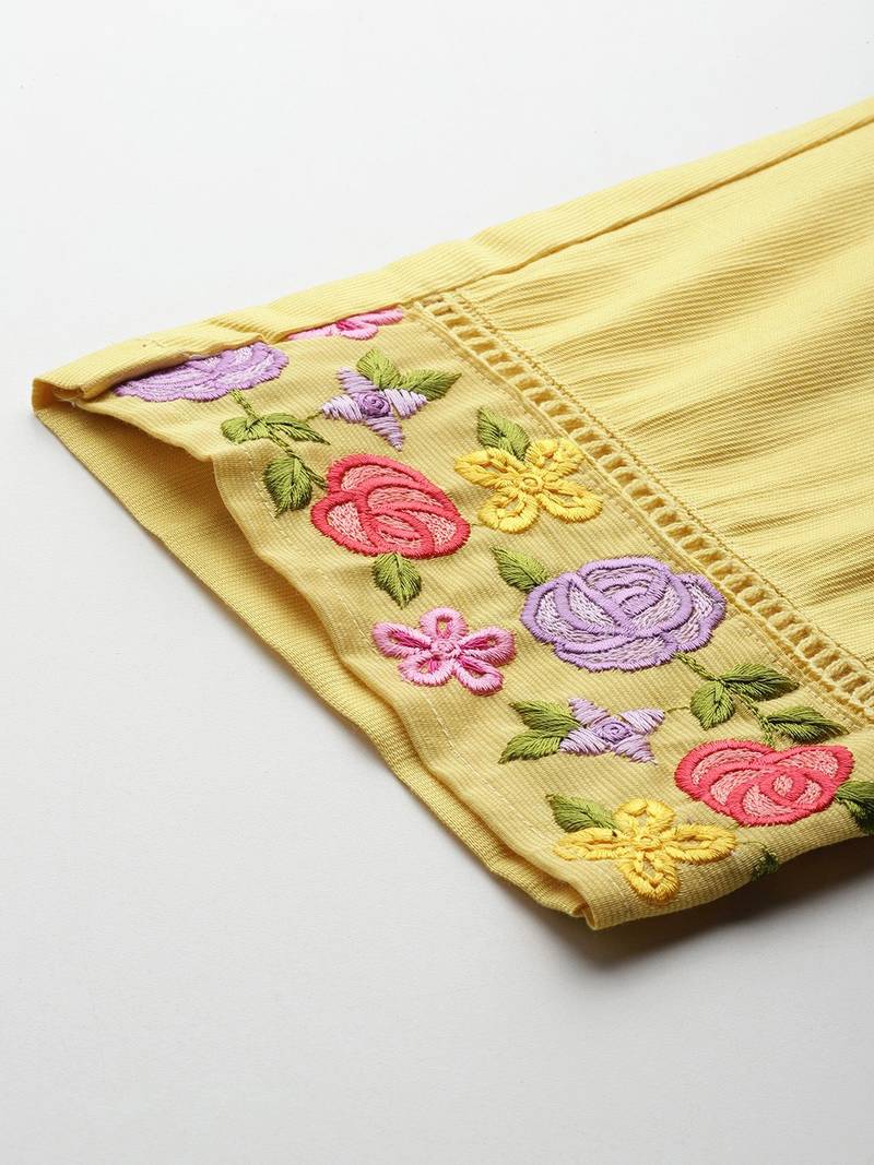 Floral Embroidered Thread Work Liva Kurta with Trousers & With Dupatta