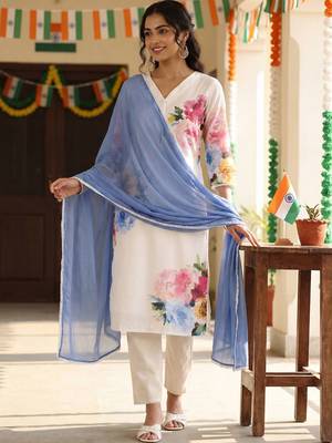 Floral Printed Beads and Stones Linen Kurta with Trousers & With Dupatta 1