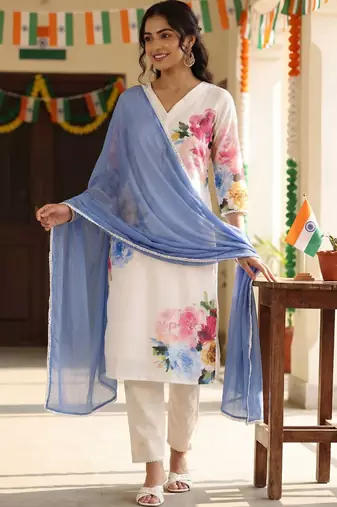 Floral Printed Beads and Stones Linen Kurta with Trousers & With Dupatta