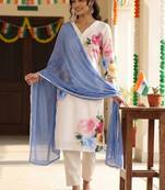 Floral Printed Beads and Stones Linen Kurta with Trousers & With Dupatta