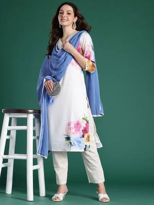 Floral Printed Beads and Stones Linen Kurta with Trousers & With Dupatta 2