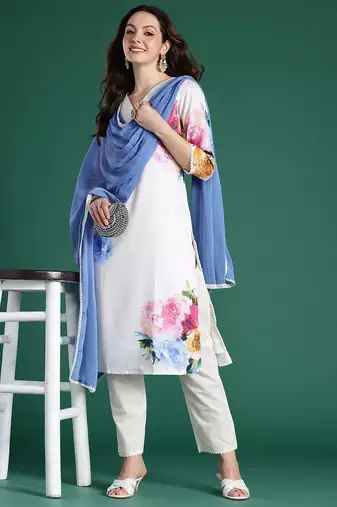 Floral Printed Beads and Stones Linen Kurta with Trousers & With Dupatta