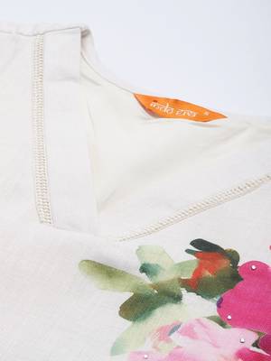 Floral Printed Beads and Stones Linen Kurta with Trousers & With Dupatta 3