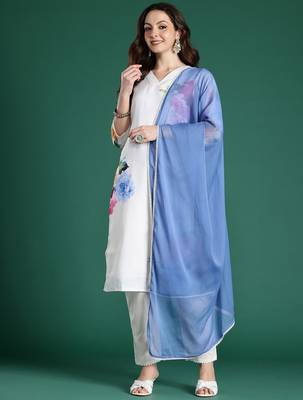 Floral Printed Beads and Stones Linen Kurta with Trousers & With Dupatta 6