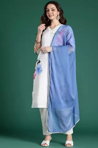 Floral Printed Beads and Stones Linen Kurta with Trousers & With Dupatta